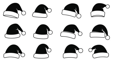 Festive black Christmas hat icons are displayed as smooth 2D flat silhouette illustrations, isolated cleanly against a bright white background, conveying the spirit of winter holidays.