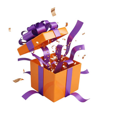 Orange gift box with purple ribbon exploding with confetti isolated on transparent background