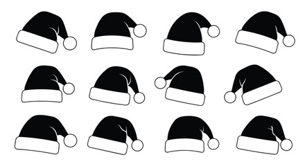 Collection of simple black Santa hat silhouettes rendered as flat 2D vector illustrations, isolated against a clean white background, representing minimal holiday symbols.