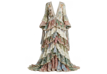 Elegant flowing bohemian floral print maxi dress with ruffled layers isolated on transparent background