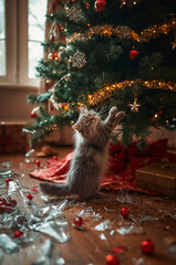 Playful Fluffy Kitten Making a Mess Under the Christmas Tree
