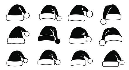 Black Santa Claus Christmas hat silhouette vector icons are displayed in a minimal set, featuring varied shapes suitable for simple holiday graphic projects on a pure white background.
