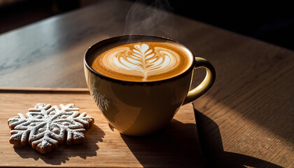 Latte art in yellow mug sits next to snowflake cookie on wooden board in warm sunlight, creating cozy and inviting atmosphere.