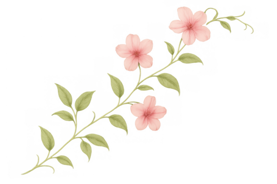 Pink watercolor flower growing vine with delicate green leaves on a transparent background, botanical illustration