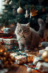 Playful Fluffy Kitten Making a Mess Under the Christmas Tree
