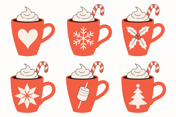 Christmas themed coffee mug illustration showing hot chocolate, cappuccino, latte, and cocoa with marshmallows in bright red festive cups ideal for seasonal winter drink artwork