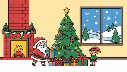 Santa Claus and an elf placing presents under a decorated Christmas tree in a cozy room, a festive holiday vector illustration