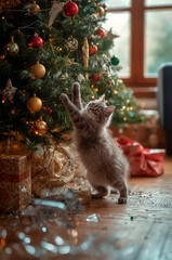 Playful Fluffy Kitten Making a Mess Under the Christmas Tree
