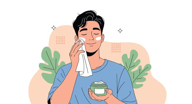A happy young man performing his daily skincare routine, gently applying cream to his face with a towel for a fresh look.