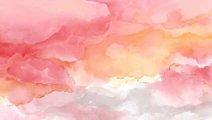 Obraz premium Watercolor abstract art displaying shades of pink, peach, gold, and grey, resembling clouds