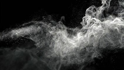 A swirling cloud of white smoke emerges against a black background, creating a dynamic visual
