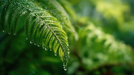 Close-up of a vibrant green fern frond glistening with water droplets, lush forest background