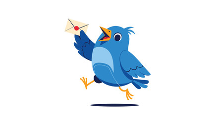 A cheerful blue cartoon bird is actively running while holding a small, sealed letter in its wing, ready to deliver a message.