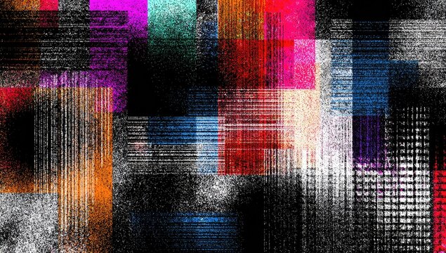 Abstract digital art with overlapping colorful shapes, textures, and contrasting dark areas