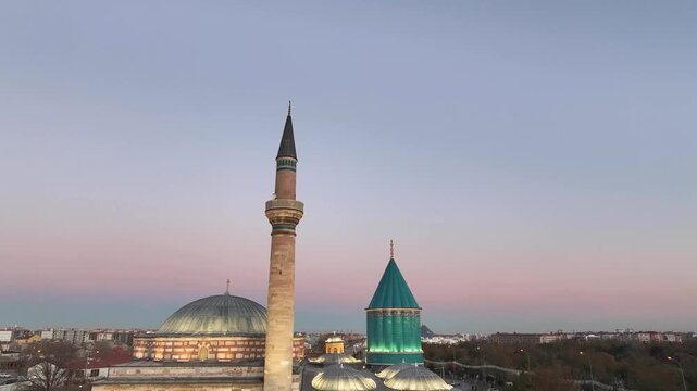 Mevlana Celaleddin Rumi Tomb and Mosque (Mevlana T&uuml;rbesi ve Cami) Night Lights Drone Video, Mevlana Konya, Turkiye (Turkey)	