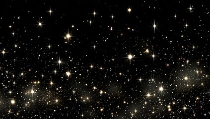 Glowing, shimmering particles sparkle against a black background. Starry, cosmic ambiance