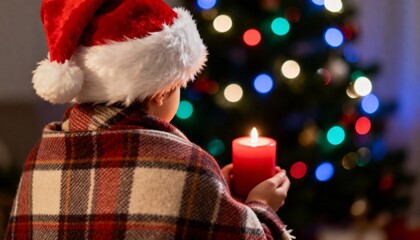 Child in Santa Hat and Blanket Holding a Candle Near a Christmas Tree