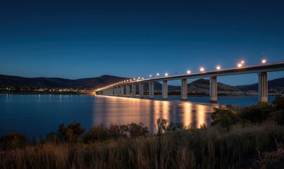 Illuminated bridge spans calm water at dusk with distant town lights