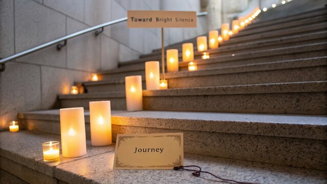 Candles illuminating staircase journey toward bright silence