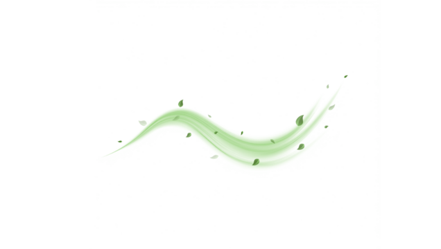 Abstract wind swirls with green leaves and glitter isolated on white background.PNG