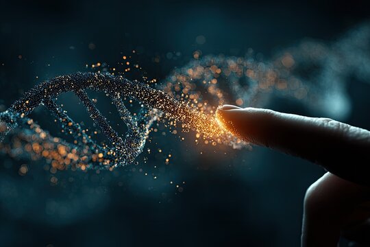 Close-up of a digital strand with a human finger interacting with it, bioluminescence effect - Powered by Adobe