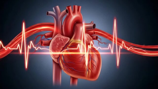 Anatomical heart illustration with heartbeat signal on dark background  , An animation shows a strong, healthy heart pumping rhythmically A clear, educational visual vital, informative