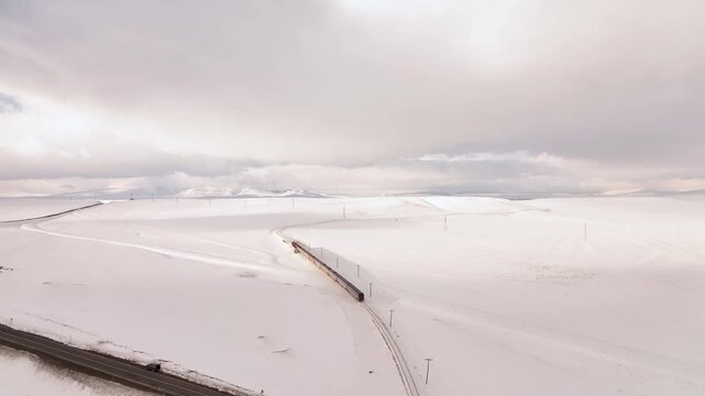 Eastern Express (Dogu Ekspresi) in the Winter Season Drone Video, Ankara to Kars Express, Kars Turkey (Turkiye)	