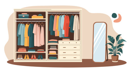 Stylish and organized closet interior featuring colorful clothes, folded items, shoes, a mirror, and a houseplant, depicting a neat home space.