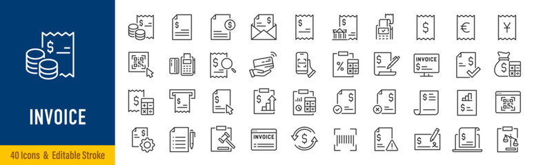 Invoice web icons in line style. Bill, check, approve, tax, barcode, finance, bank, accounting. Editable stroke. Vector illustration.
