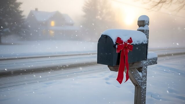A mailbox with a red ribbon covered in snow on a winter day with a house in the background fogging - Powered by Adobe