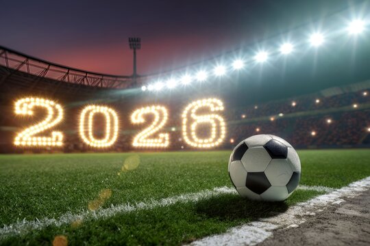 Soccer ball on pitch with illuminated 2026 numbers at stadium