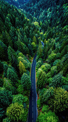 Aerial view of a winding asphalt road cutting through a dense green forest