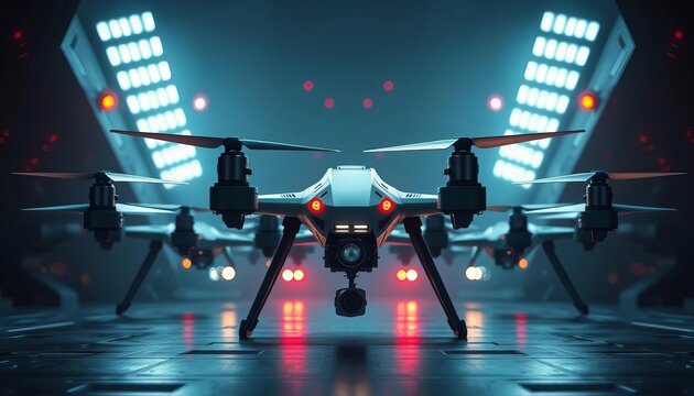 Squadron of futuristic weapon drones poised for deployment, unmanned, defense