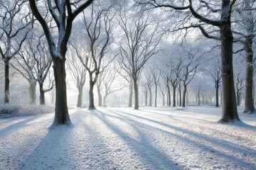 Crisp winter landscape featuring tall, snow-draped trees, bright daylight casting long shadows, instilling a sense of calm and solitude