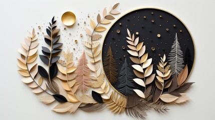 AI-generated illustration of a charming papercraft winter scene with a moon, stars and trees