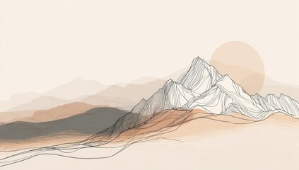 Serene landscape featuring mountain range silhouette under a warm sun with flowing lines