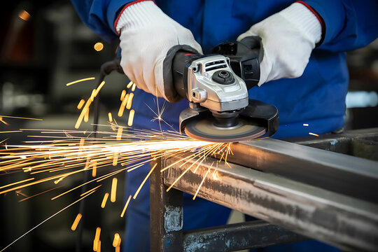 Worker using angle grinder on metal with bright sparks