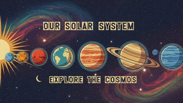 Vintage style banner illustration showing the planets of the solar system in a row from the sun against a cosmic nebula background