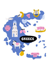 Obraz premium Greece Map with Greek Symbols – Ancient Icons, Columns, Olives, Vase and Boat. Colorful Vector Illustration