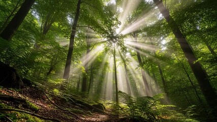 Sunlight filtering through trees in lush green forest, Sunbeams filter through a dense, green canopy onto a forest floor A slow, tilting shot upward tranquil, majestic - Powered by Adobe