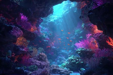 A vibrant underwater scene featuring coral, fish, and light rays filtering through