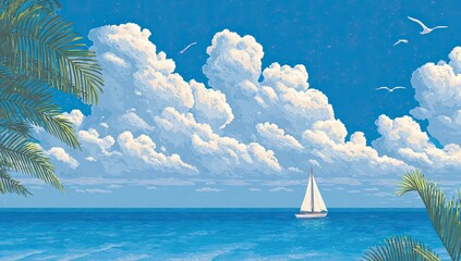 Serene ocean scene with sailboat, puffy clouds, palm fronds, and soaring seagulls against a blue sky