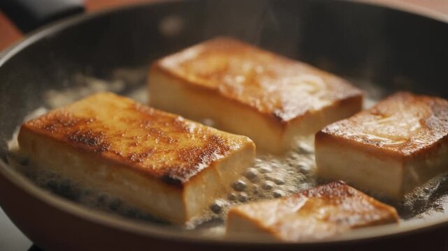 Four golden-brown rectangular blocks of firm tofu sizzling and frying in hot oil in a black non-stick skillet.