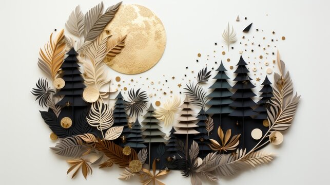 AI-generated illustration of a charming papercraft winter scene with a moon, stars and trees