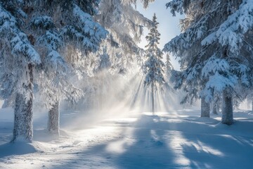 Serene winter forest scene with snow-laden trees, soft morning sunlight filtering through branches, creating a tranquil and magical atmosphere