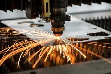Laser cutter precisely cutting metal sheet with bright sparks
