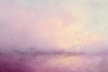 Dreamy atmospheric landscape showing ethereal light over a misty plain. Tones are mainly pink and pale yellow
