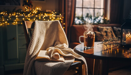 Cozy chair with blanket and book sits near hot chocolate on table in warm living room with christmas lights, creating a peaceful and inviting winter scene.