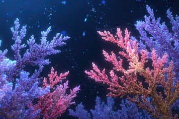 Fototapeta premium Abstract illustration of colorful, branching coral formations against a dark, speckled background