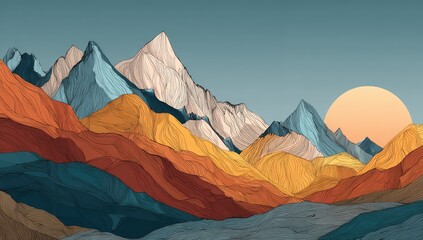 Abstract mountain range illustration featuring colorful layers and a vibrant sunset